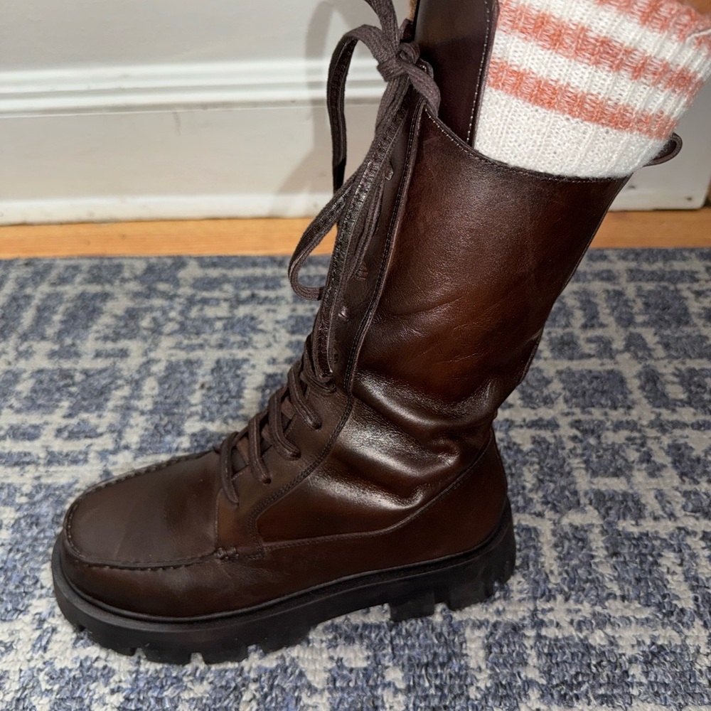 Brown Lace-Up Combat Boots with Chunky Sole and Mid-Calf Height all colors av